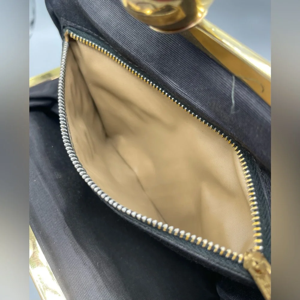 Vintage 1960s Faux Leather Handbag, Black, Ball Clasp, Framed, Art Deco